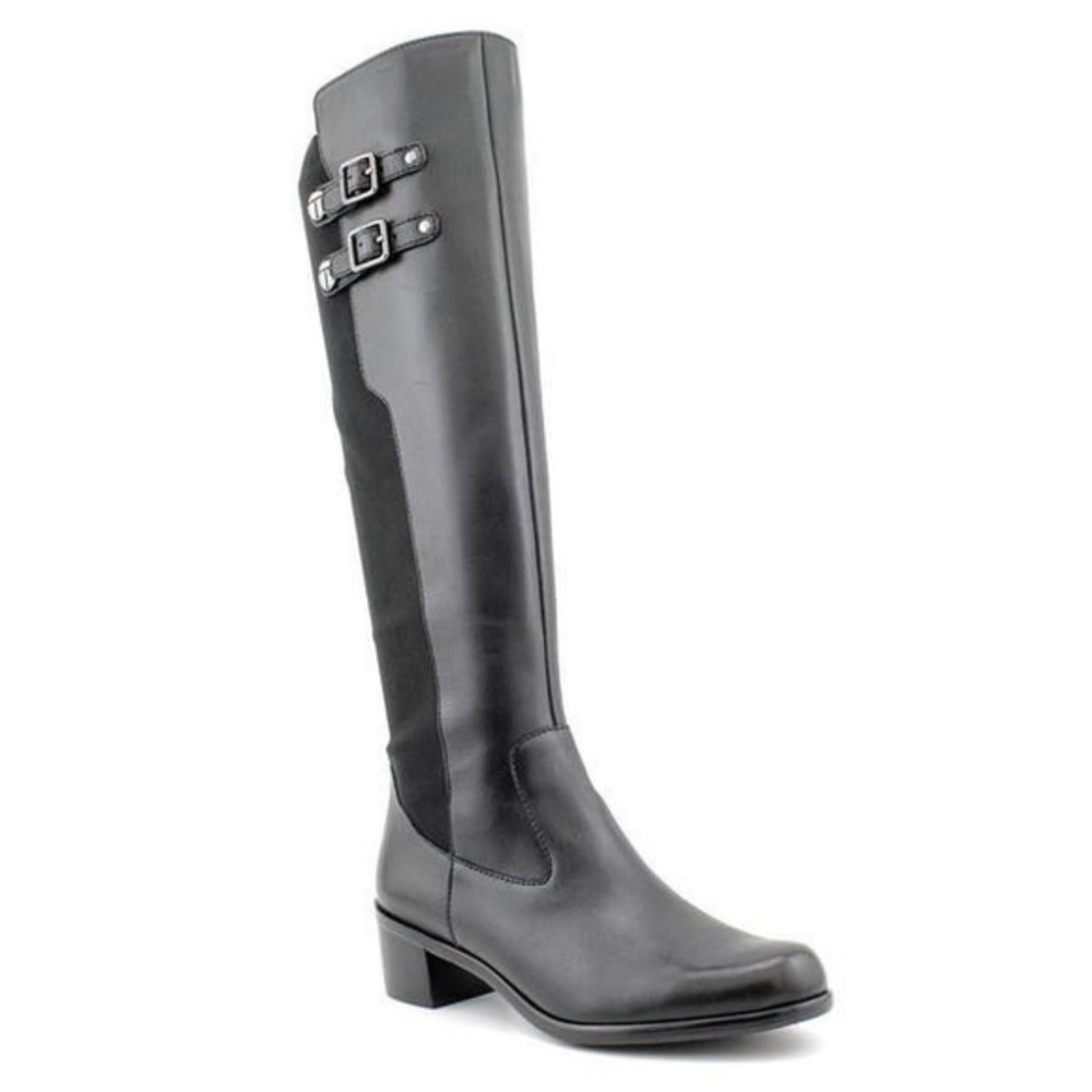 NWOB Tahari Kallen Black Over the‎ Knee Boots Buckle Detail Leather Upper Sz 10M